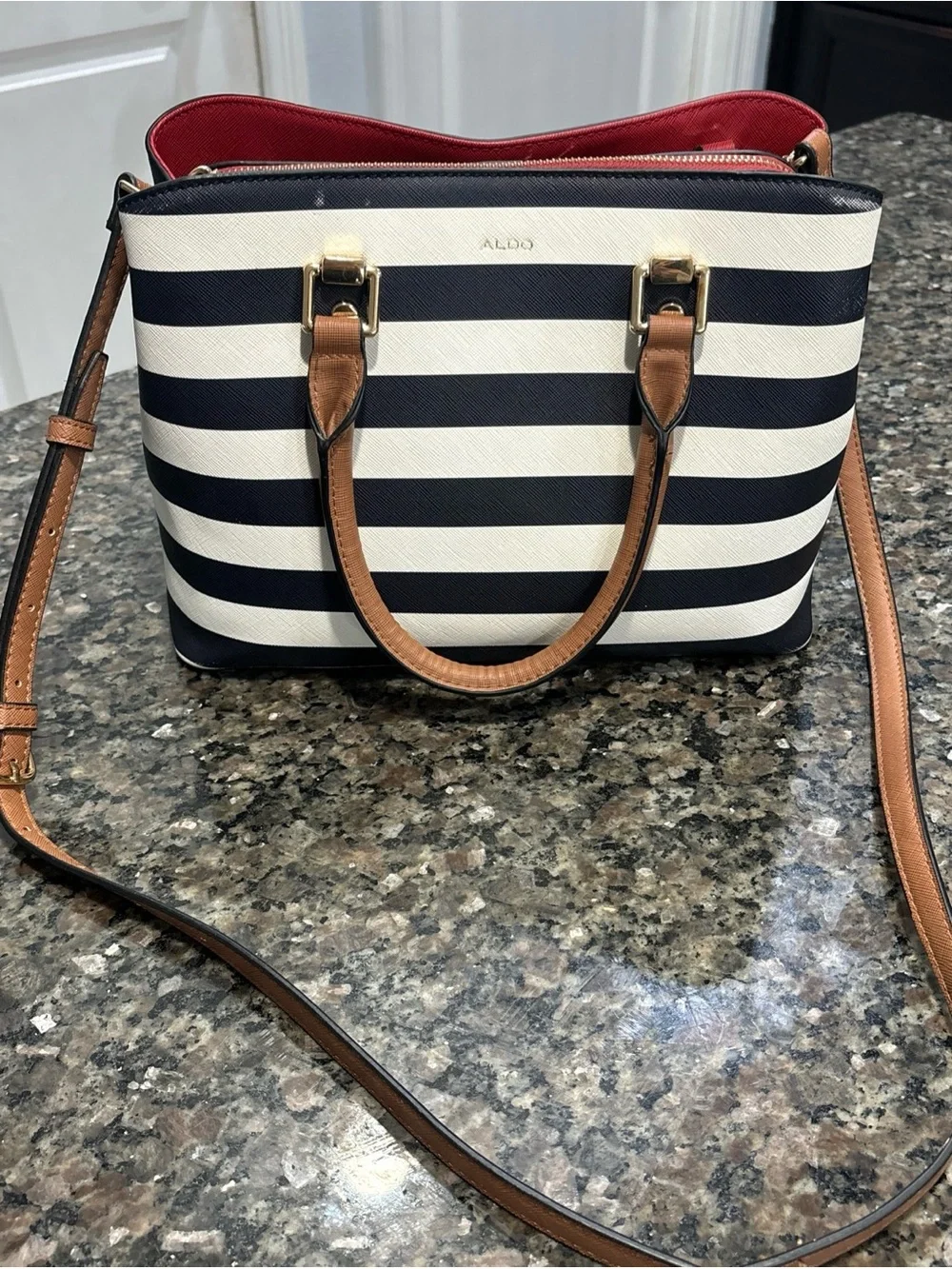 Aldo Navy & White Striped Satchel with Tan Handles